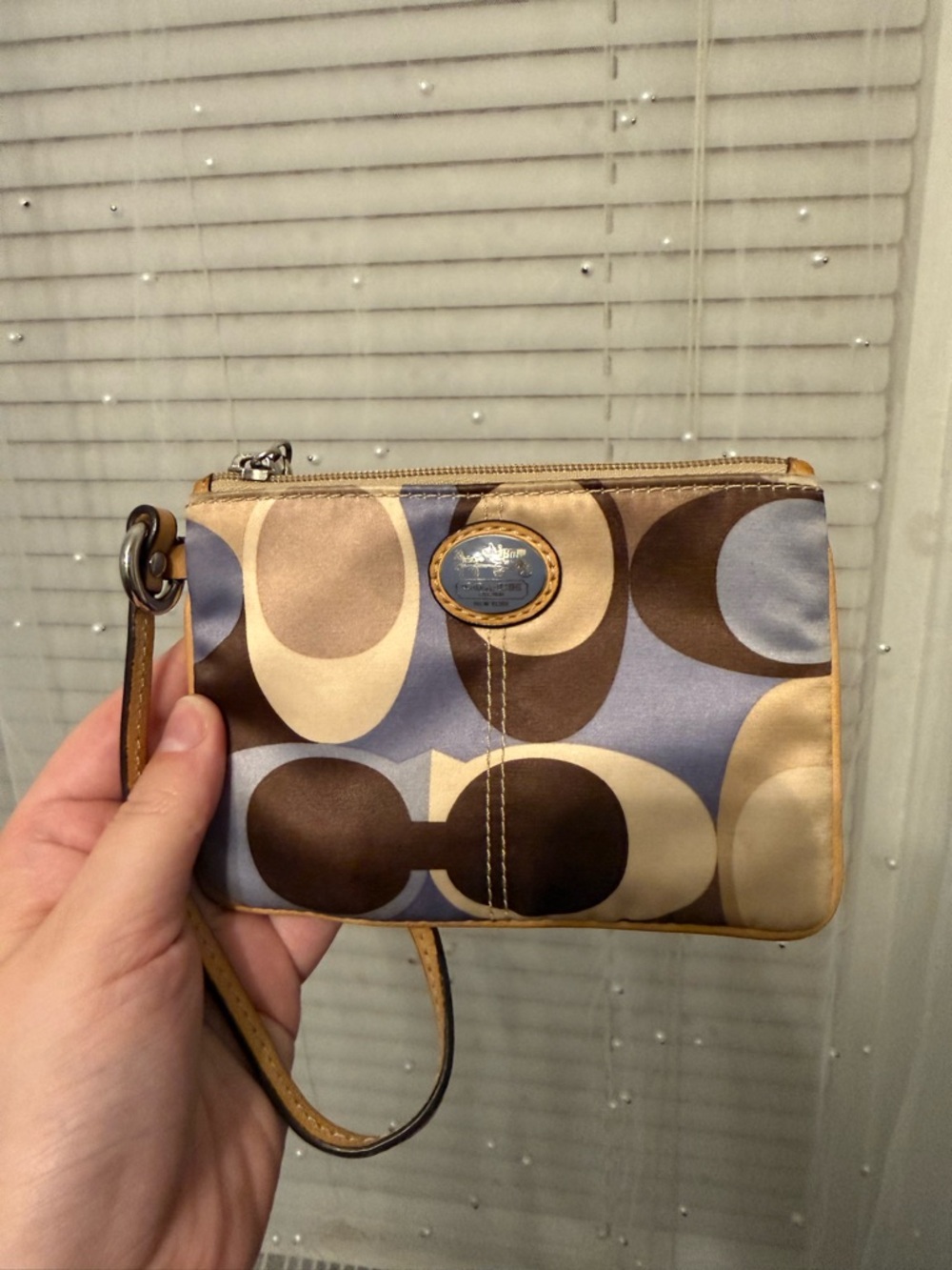 Coach Signature Satin Wristlet in Purple land Tan